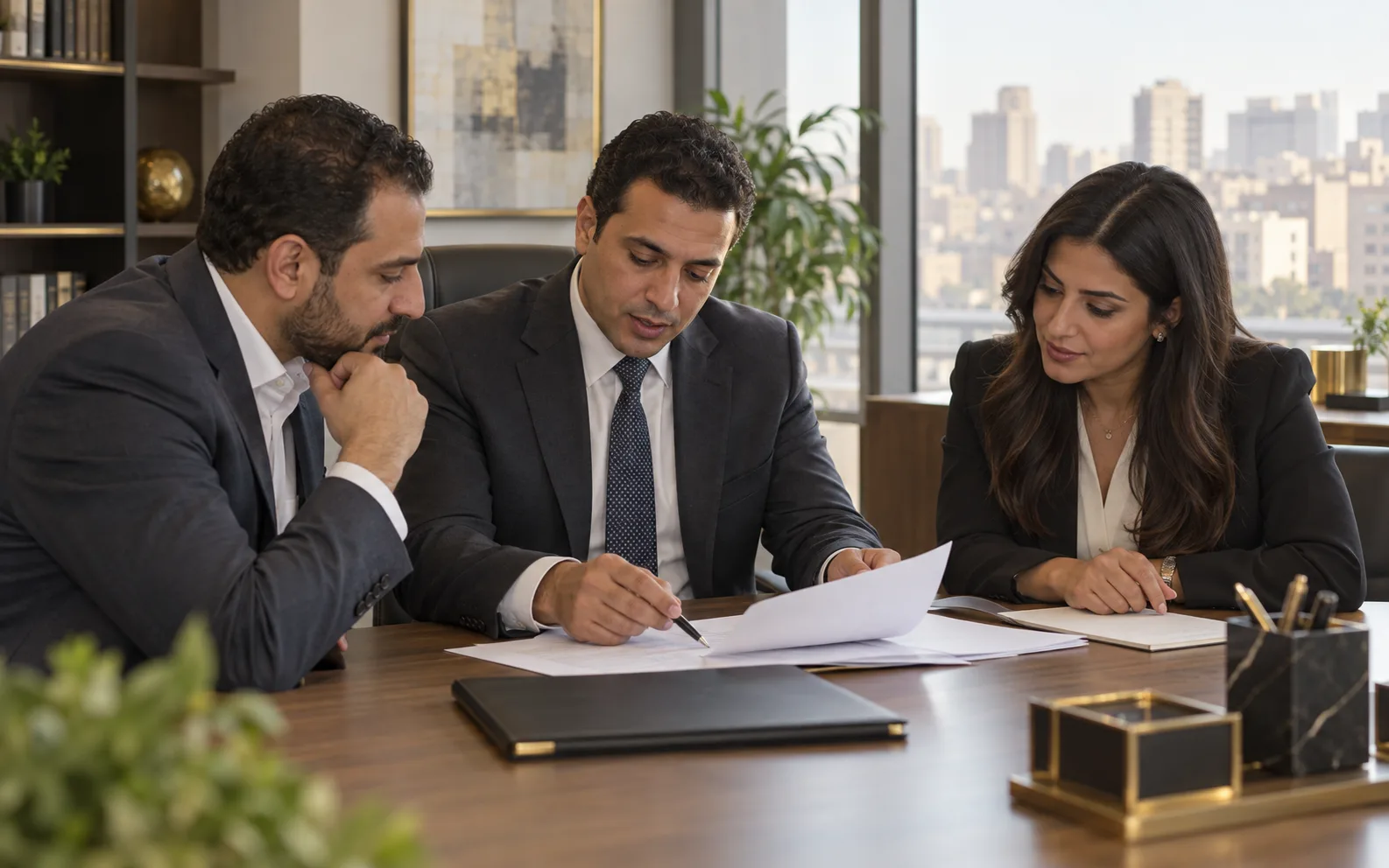 مستشار قانوني يراجع مستندات تأسيس شركة مع أصحاب الأعمال