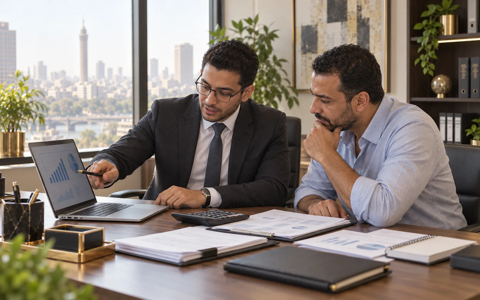 محاسب يراجع البيانات المالية والضريبية مع صاحب شركة
